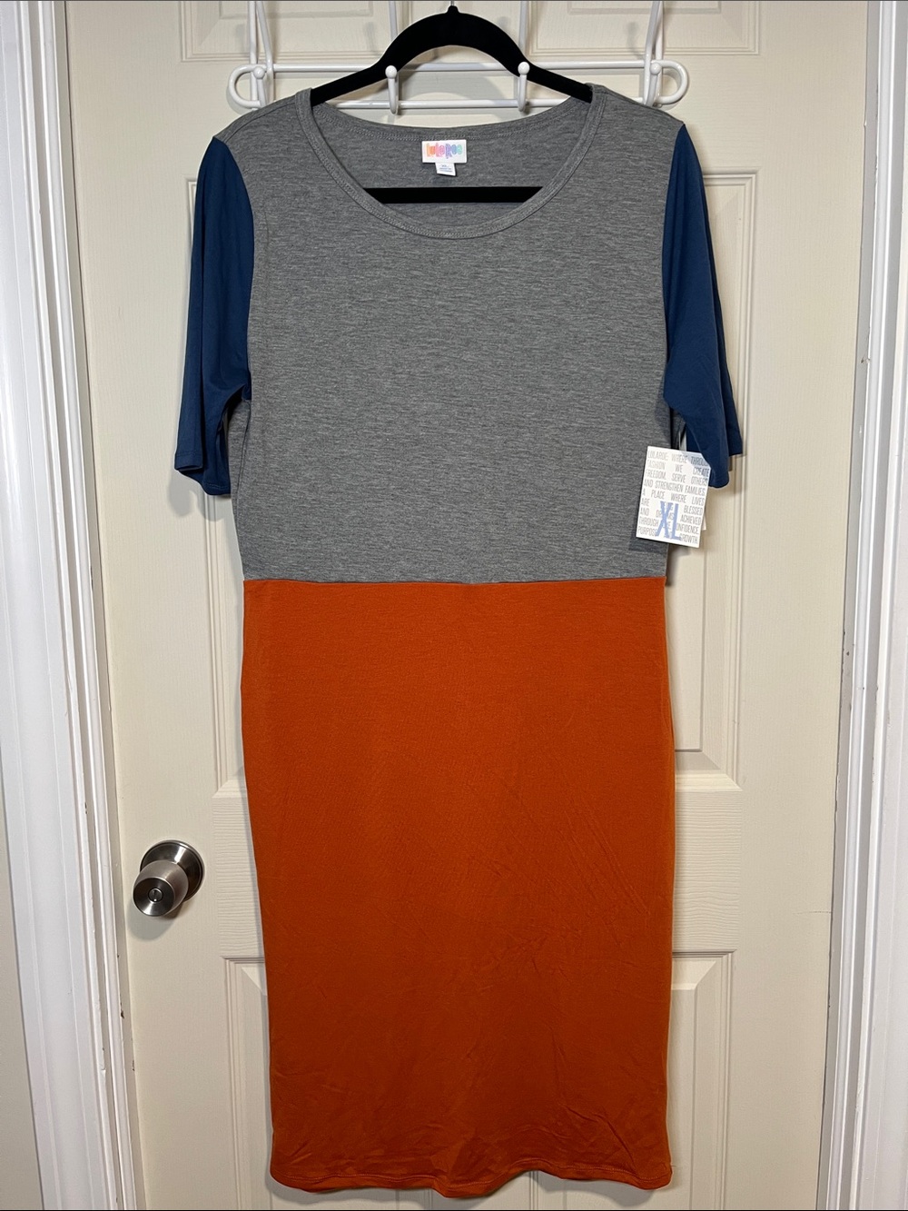 LuLaRoe Gray, Navy & Rust Colorblock Midi Dress